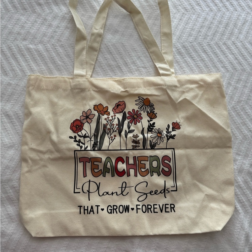 Floral Canvas Tote Bag - Cream and keychain